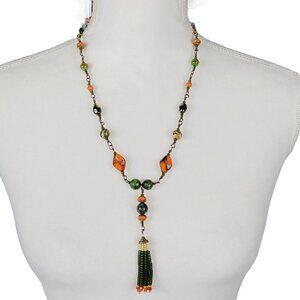 Artisan Army Olive Green Orange Glass Beaded Necklace Tassel Drop Fall Inspired